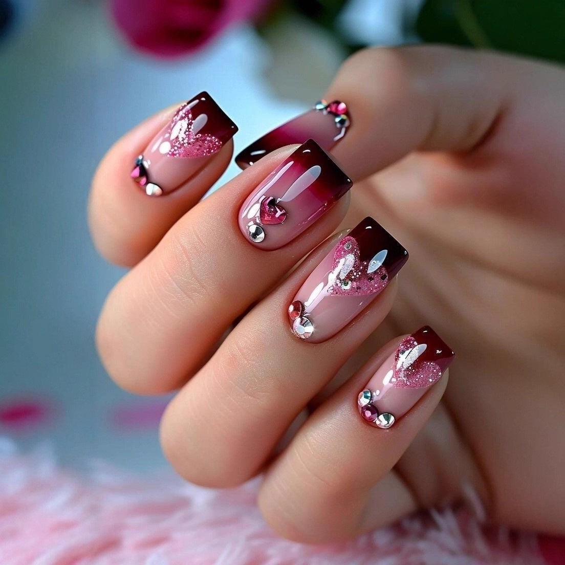 Artificial nails with romantic heart design and fine accents Acalora