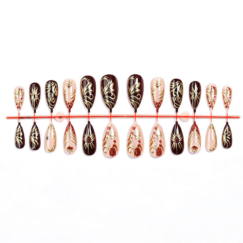 Decorative Press-On Nail Art Set with Intricate Gold Floral Design Acalora