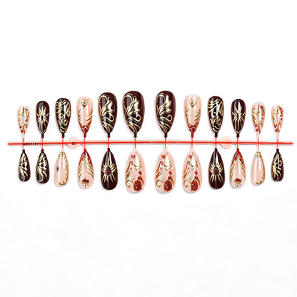 Decorative Press-On Nail Art Set with Intricate Gold Floral Design Acalora