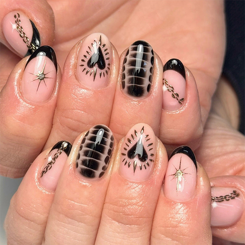 Decorative Press-On Nail Set with Artistic Heart and Star Designs Acalora