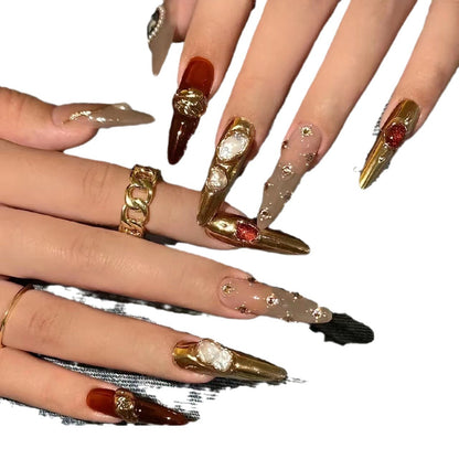 Artistic Press-On Nail Set with Luxury Gemstone Accents Acalora