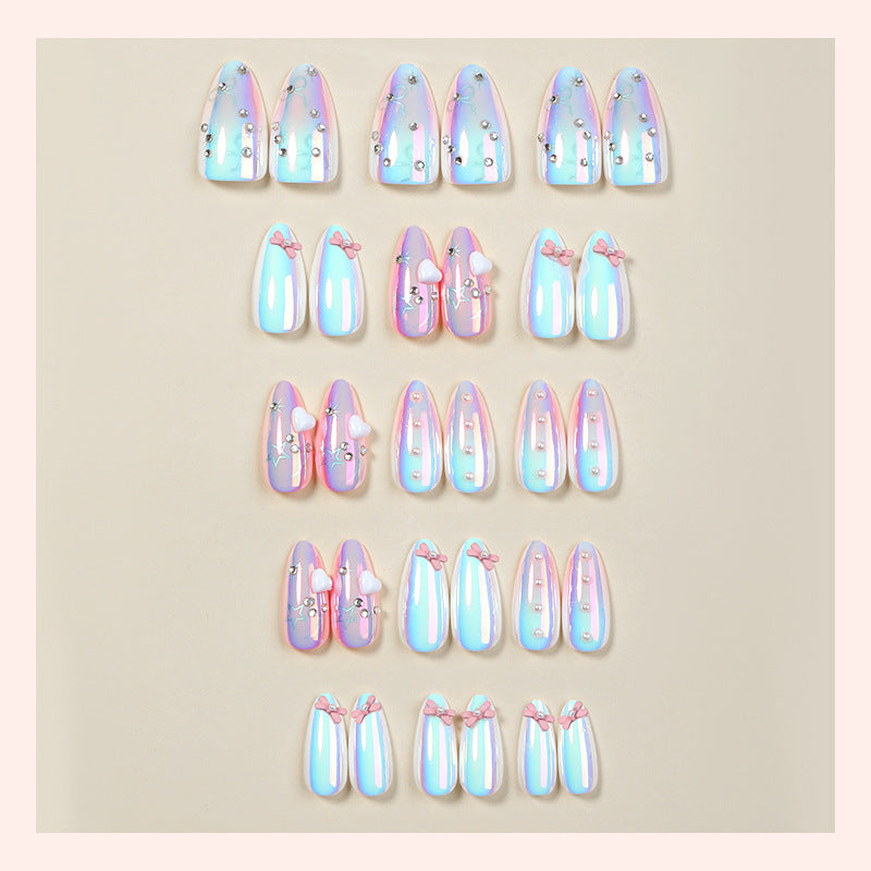 Decorative Press-On Nail Set with Elegant Bow and Gem Accents Acalora