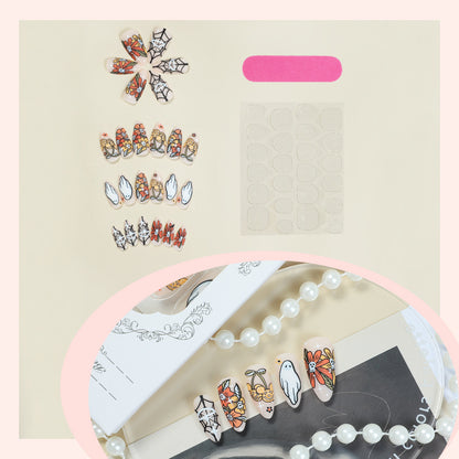 Artistic Press-On Nail Set with Seasonal Floral and Ghost Designs Acalora