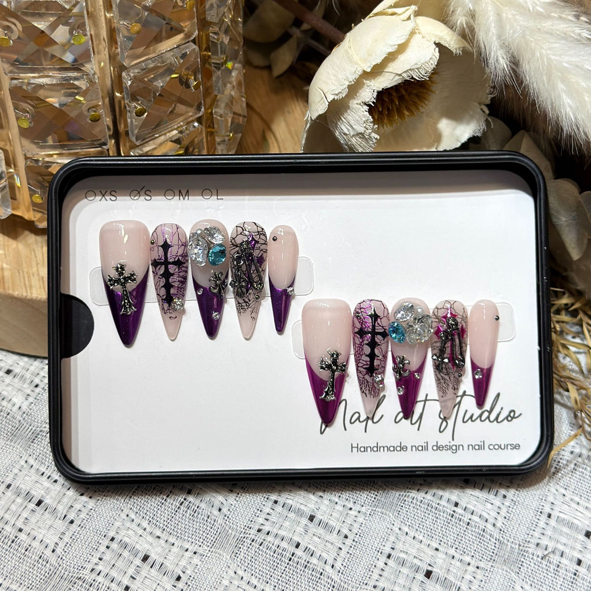 Artistic Stiletto Press-On Nail Set with Unique Floral and Gemstone Accents Acalora