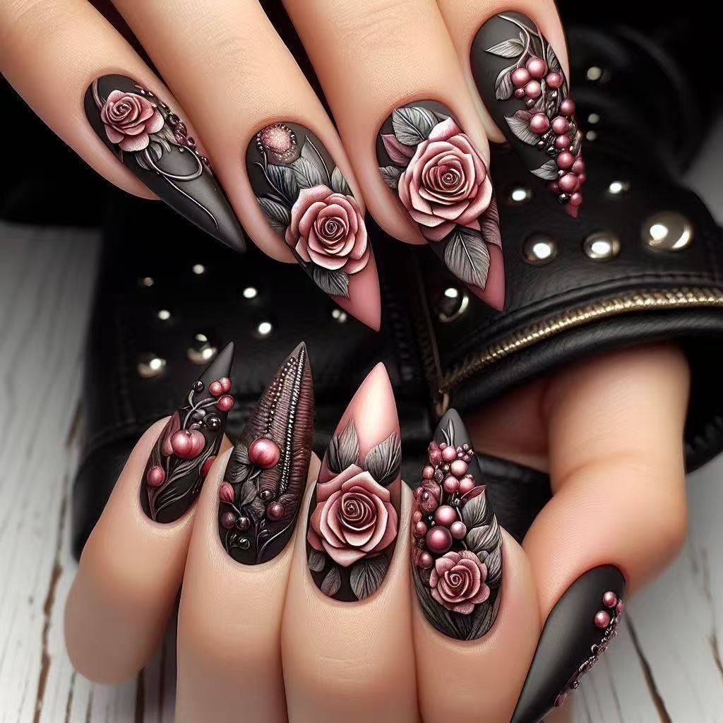 Artificial nails with detailed rose design Acalora