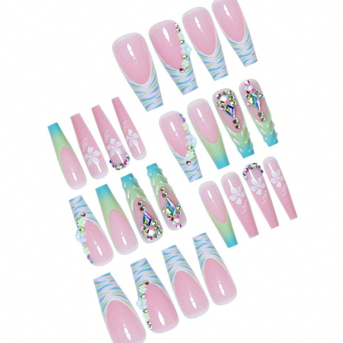 Decorative Long Press-On Nail Art with Gemstone Accents Acalora