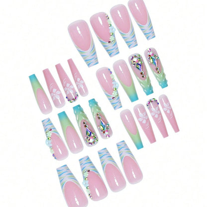Decorative Long Press-On Nail Art with Gemstone Accents Acalora