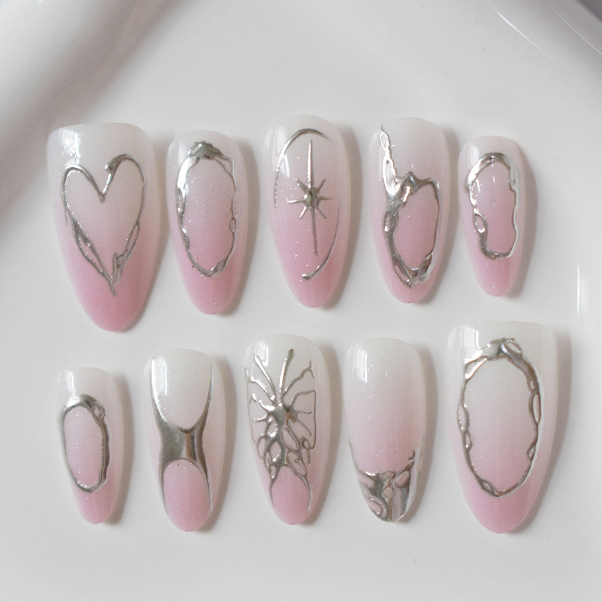 Elegant Artistic Stiletto Press-On Nails with Silver Accents Acalora