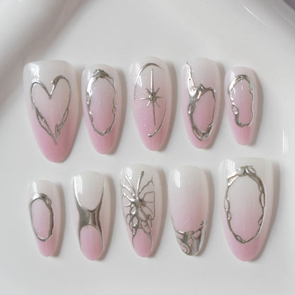 Elegant Artistic Stiletto Press-On Nails with Silver Accents Acalora