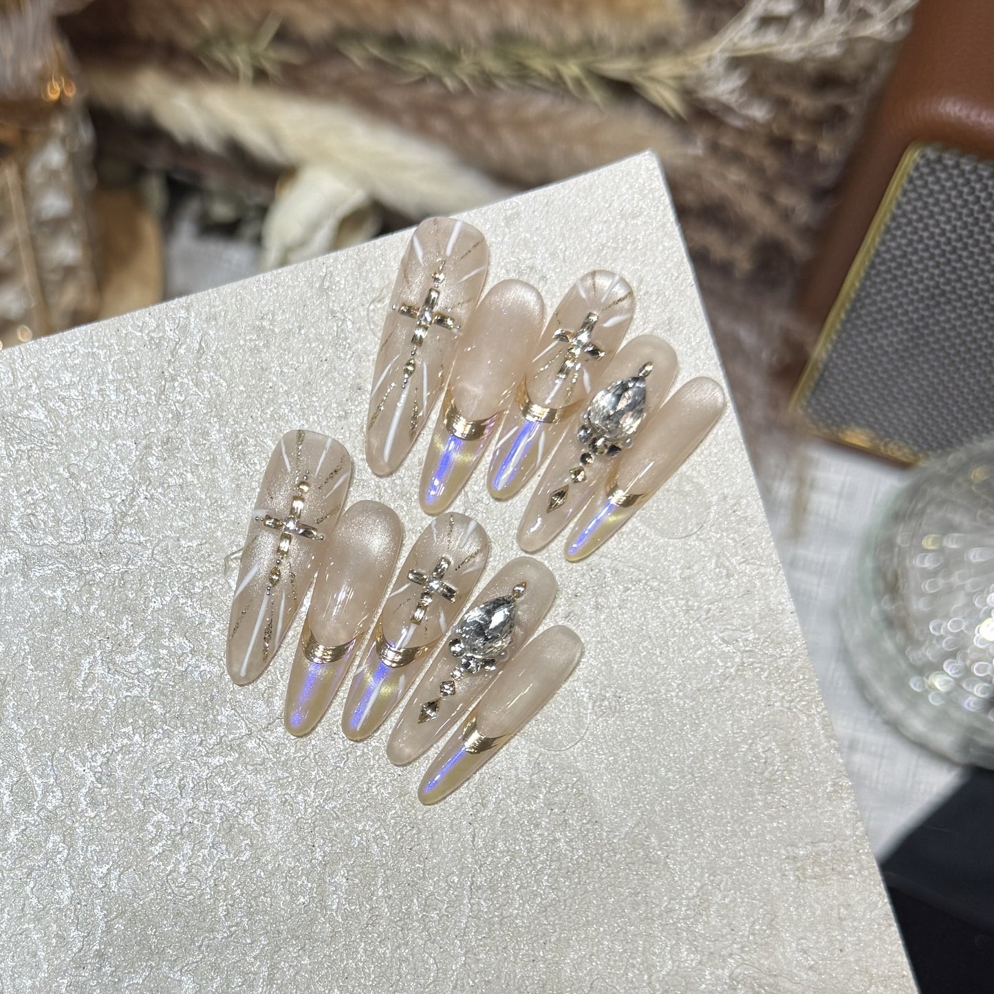 Premium Stiletto Press-On Nail Art Set with Gemstone Accents Acalora