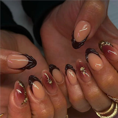 Artistic Press-On Nail Design with Gold Accents Acalora