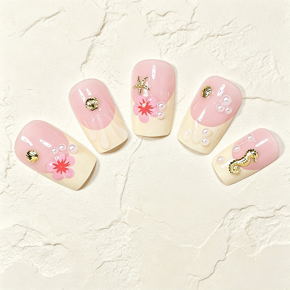 Tropical Shell and Flower Press-On Nail Art Acalora