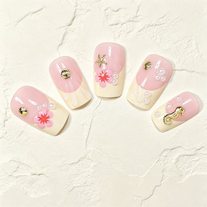Tropical Shell and Flower Press-On Nail Art Acalora