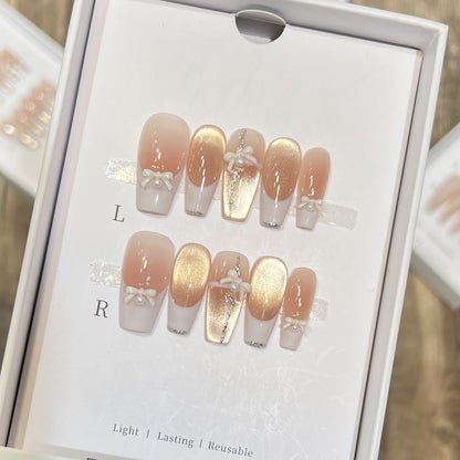 Elegant Reusable Press-On Nail Art Set with Pearl and Glitter Accents Acalora