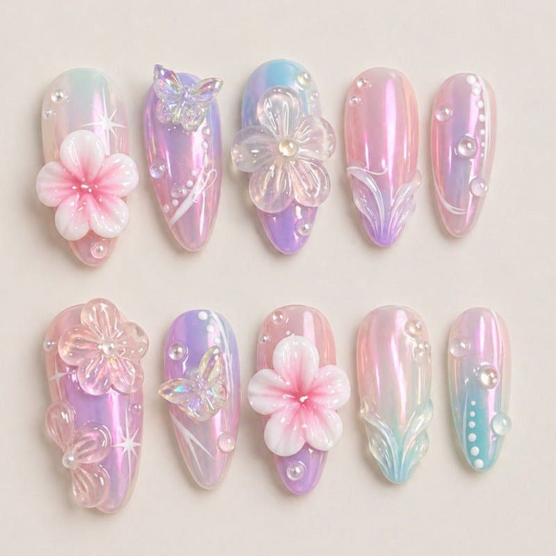Artistic Press-On Nail Set with Floral Accents Acalora