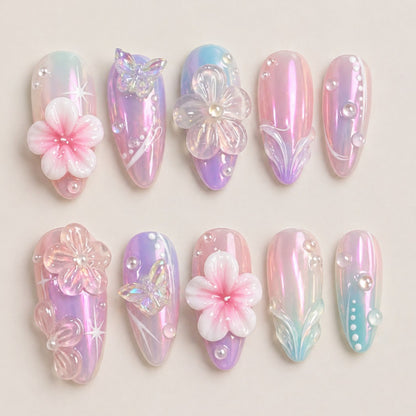 Artistic Press-On Nail Set with Floral Accents Acalora