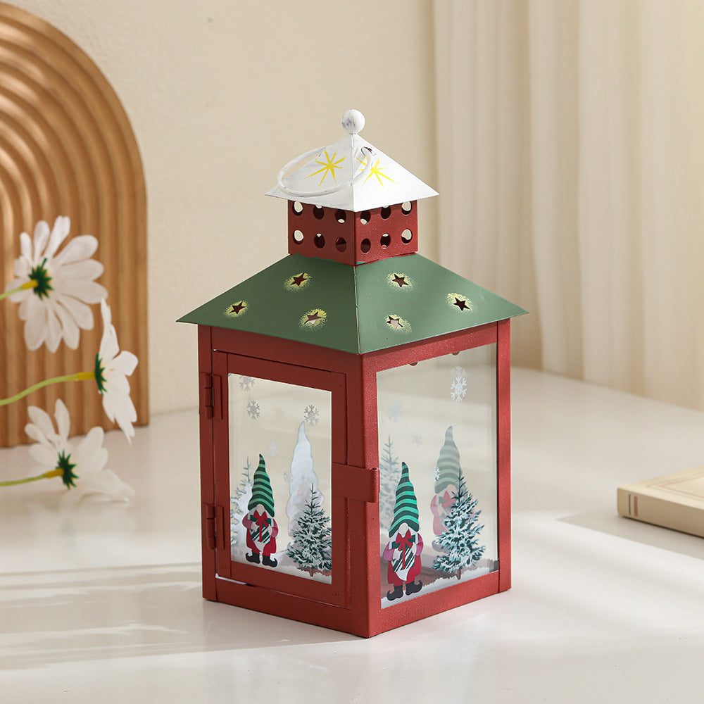 Decorative Holiday Gnome Lantern with Star-Cut Roof and Glass Panel Candle Holder Acalora