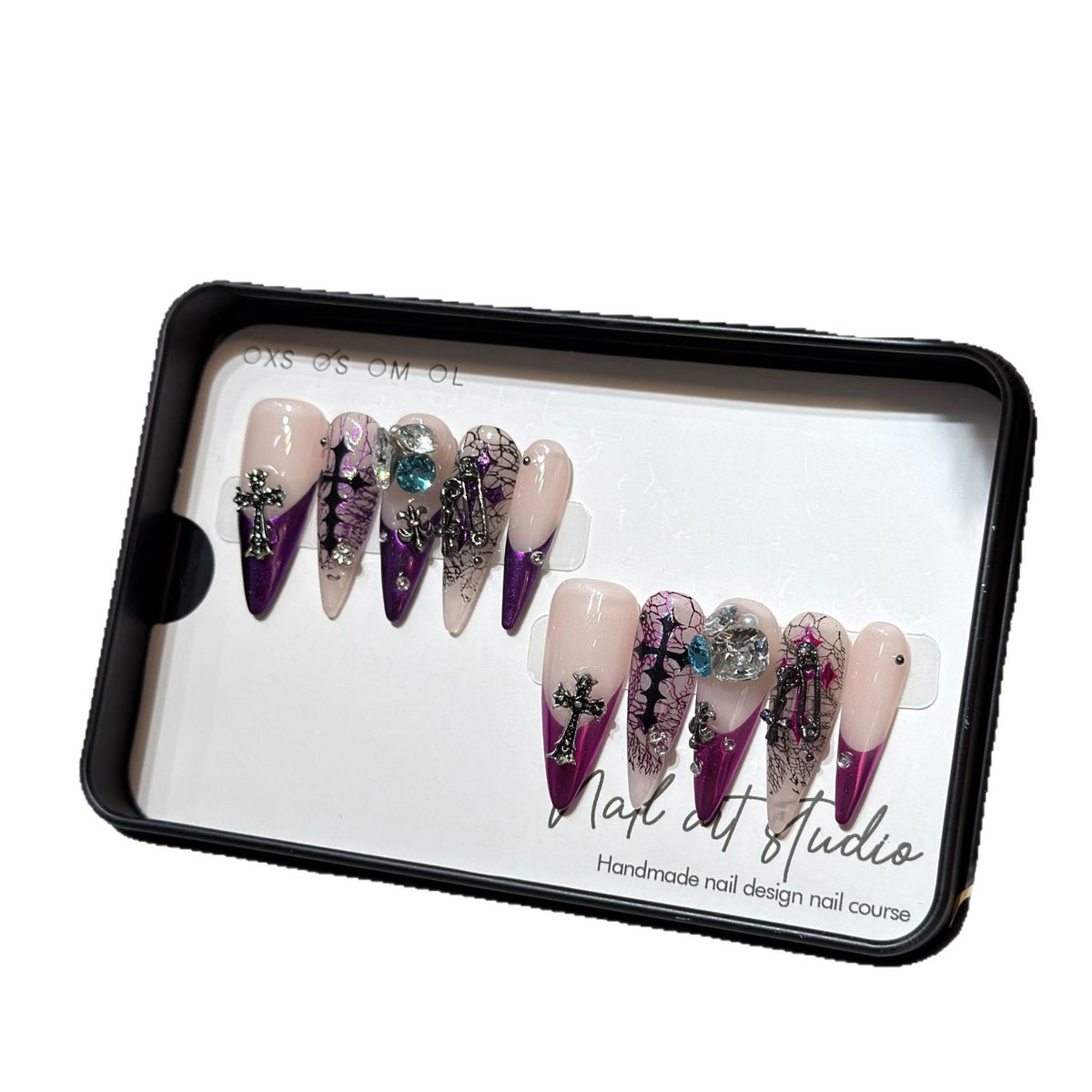 Artistic Stiletto Press-On Nail Set with Unique Floral and Gemstone Accents Acalora