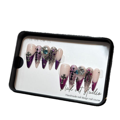 Artistic Stiletto Press-On Nail Set with Unique Floral and Gemstone Accents Acalora