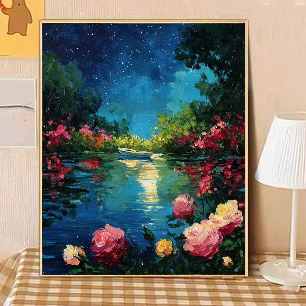 Scenic Night-time Floral Landscape Canvas Art