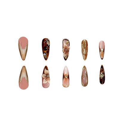 Decorative Stiletto Press-On Nails with Floral and Metallic Accents Acalora