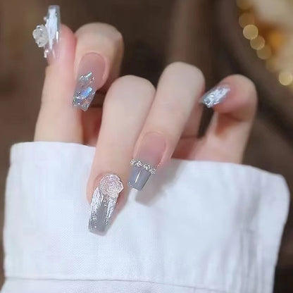 Artificial nail set with delicate rose and glitter decorations Acalora