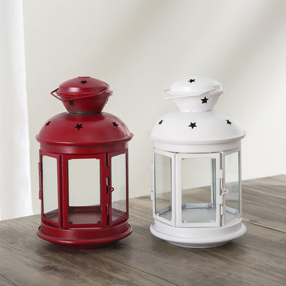 Vintage-Inspired Cylindrical Metal Tea Light Lantern with Star Vent Cutouts and Hinged Glass Door Acalora