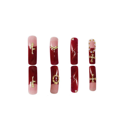 Elegant Press-On Nail Art with Gold Embellishments Acalora