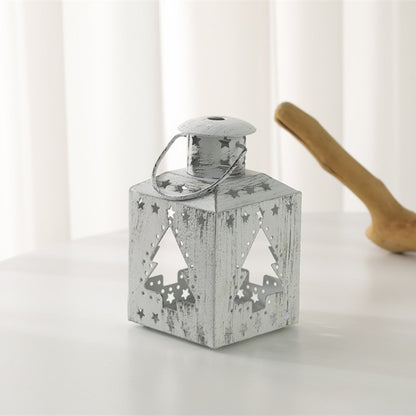 Distressed Shabby-Chic Square Tea Light Lantern with Christmas Tree Cutouts Acalora