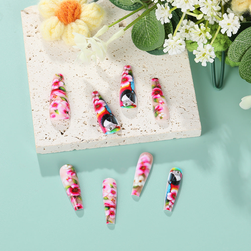 Exquisite Artificial Nails with Colorful Flower and Parrot Design Acalora
