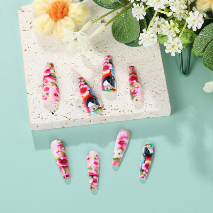 Exquisite Artificial Nails with Colorful Flower and Parrot Design Acalora