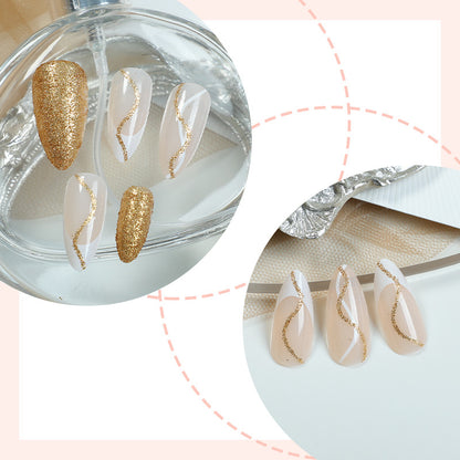 Elegant Press-On Nail Set with Glitter and Gold Swirl Accents Acalora