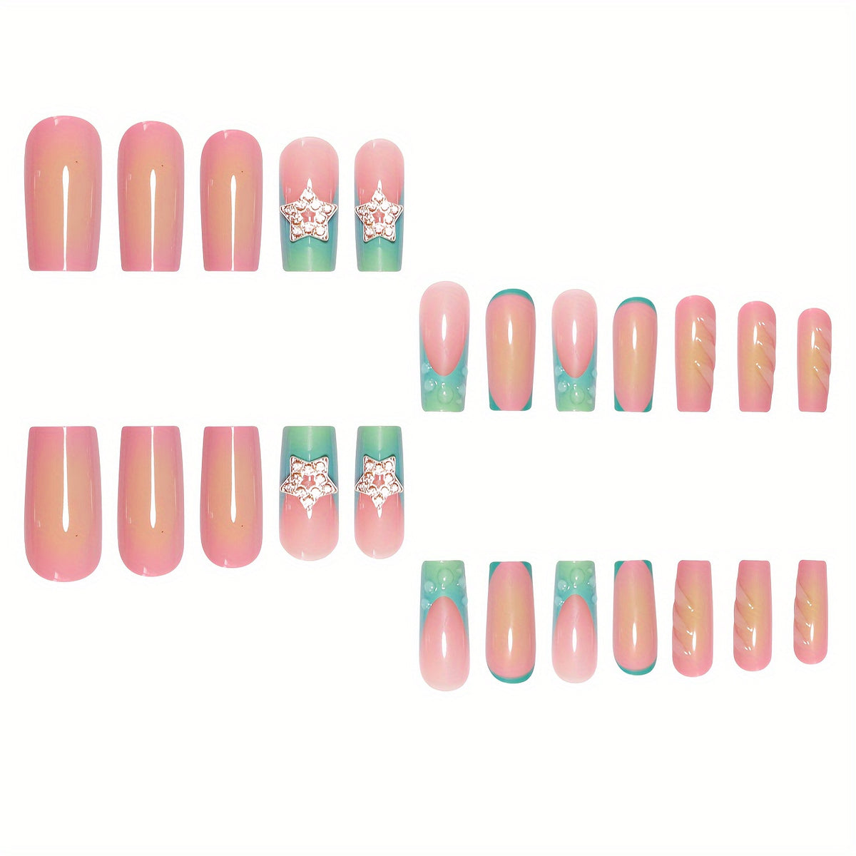 Artistic Ombre Press-On Nails with Gemstone Accents Acalora