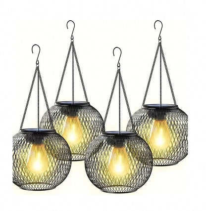 Solar Hanging Outdoor Lanterns with Vintage LED Bulb and Metal Housing, Waterproof Suspension Brehn