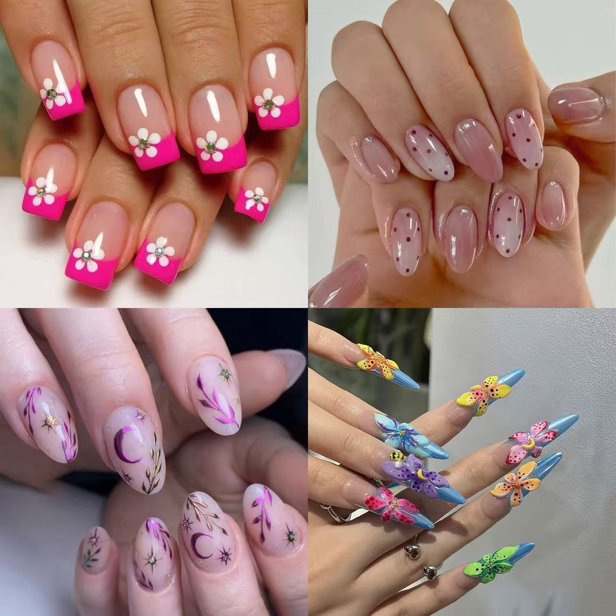 Artificial nails in a playful flower design with glittering accents Acalora