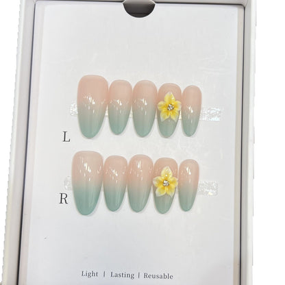 Elegant Ombre Press-On Nail Set with Floral Accents Acalora