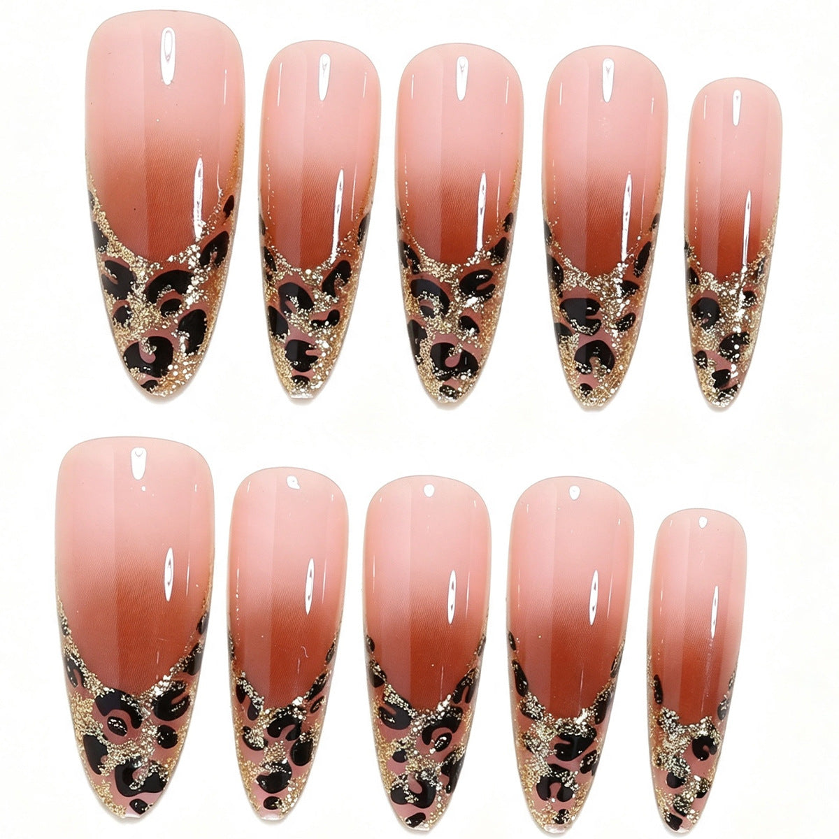 Elegant Stiletto Nail Art Set with Gold and Leopard Accents Acalora