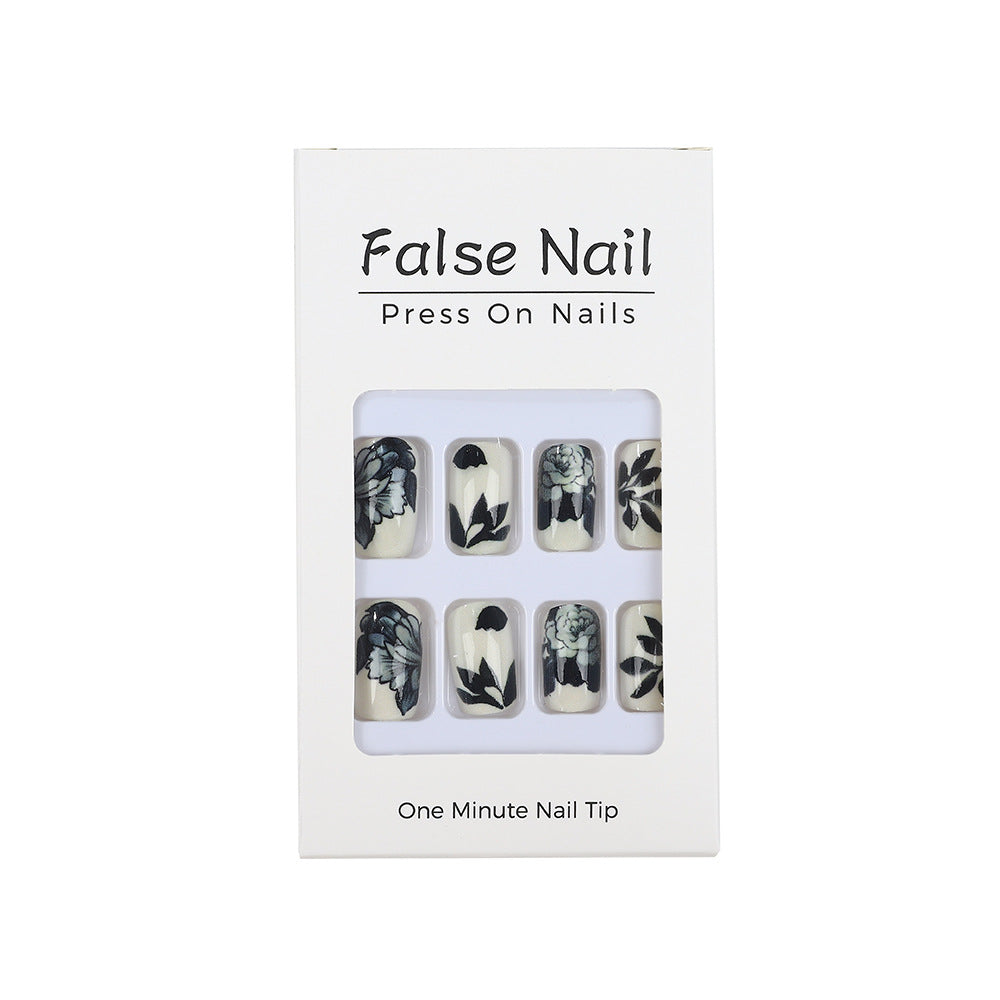 Artificial nails with floral black-and-white design Acalora