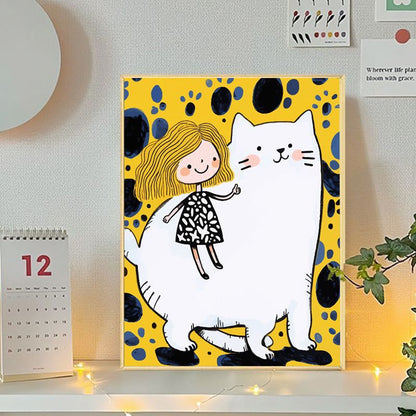 Playful Cat and Girl Illustration Canvas Art