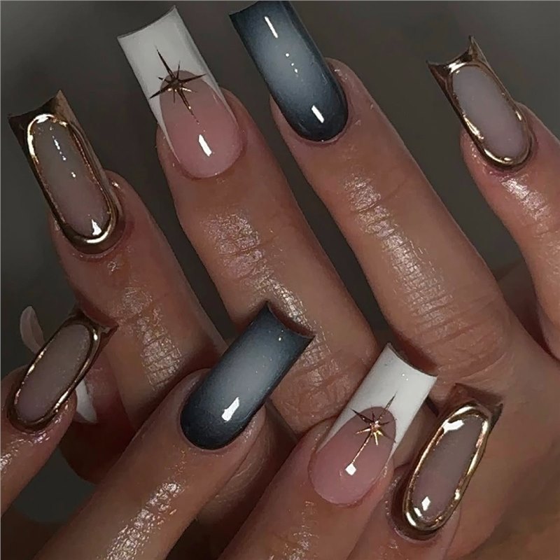Premium Gradient Press-On Nails with Gold Accents Acalora