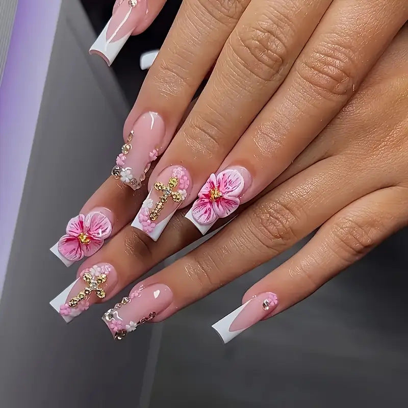 Floral Decorated Press-On Nail Art Acalora