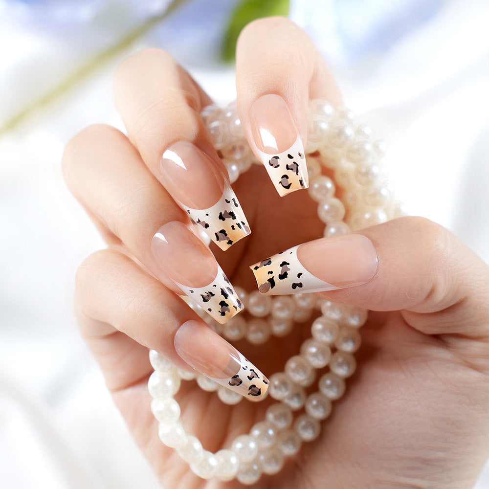 Stylish French Tip Press-On Nails with Animal Print Acalora