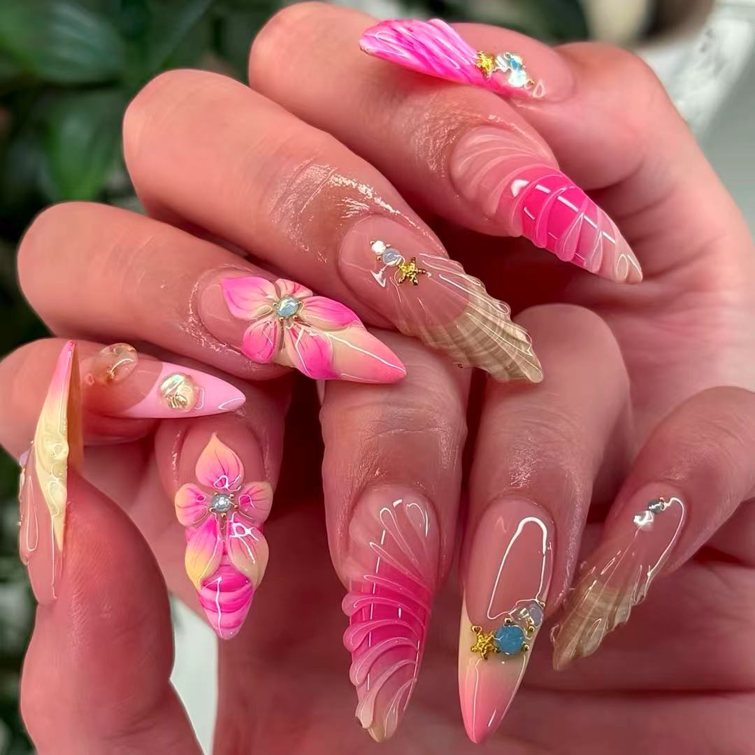 3D Floral Accented Press-On Nail Art Acalora