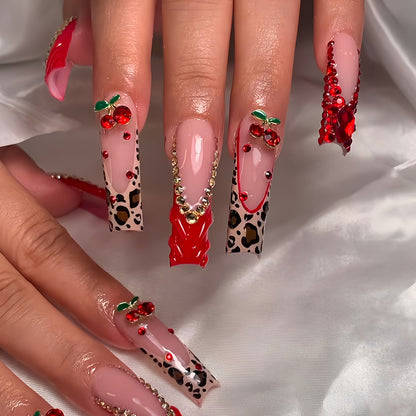 Decorative Long Press-On Nail Set with Gemstone and Floral Accents Acalora
