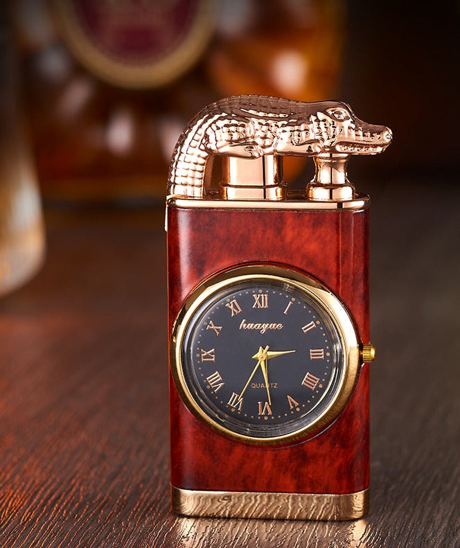 Brehn Lighter with quartz watch, metal punch, windproof lighter with blue flame and alligator head