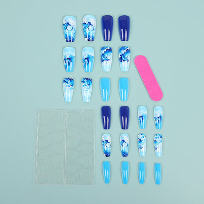 Artificial Nail Set with Maritime Wave Designs Acalora