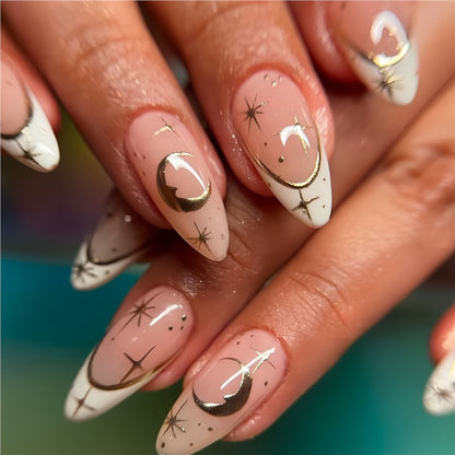 Artistic Stiletto Press-On Nail Design with Gold Accents Acalora