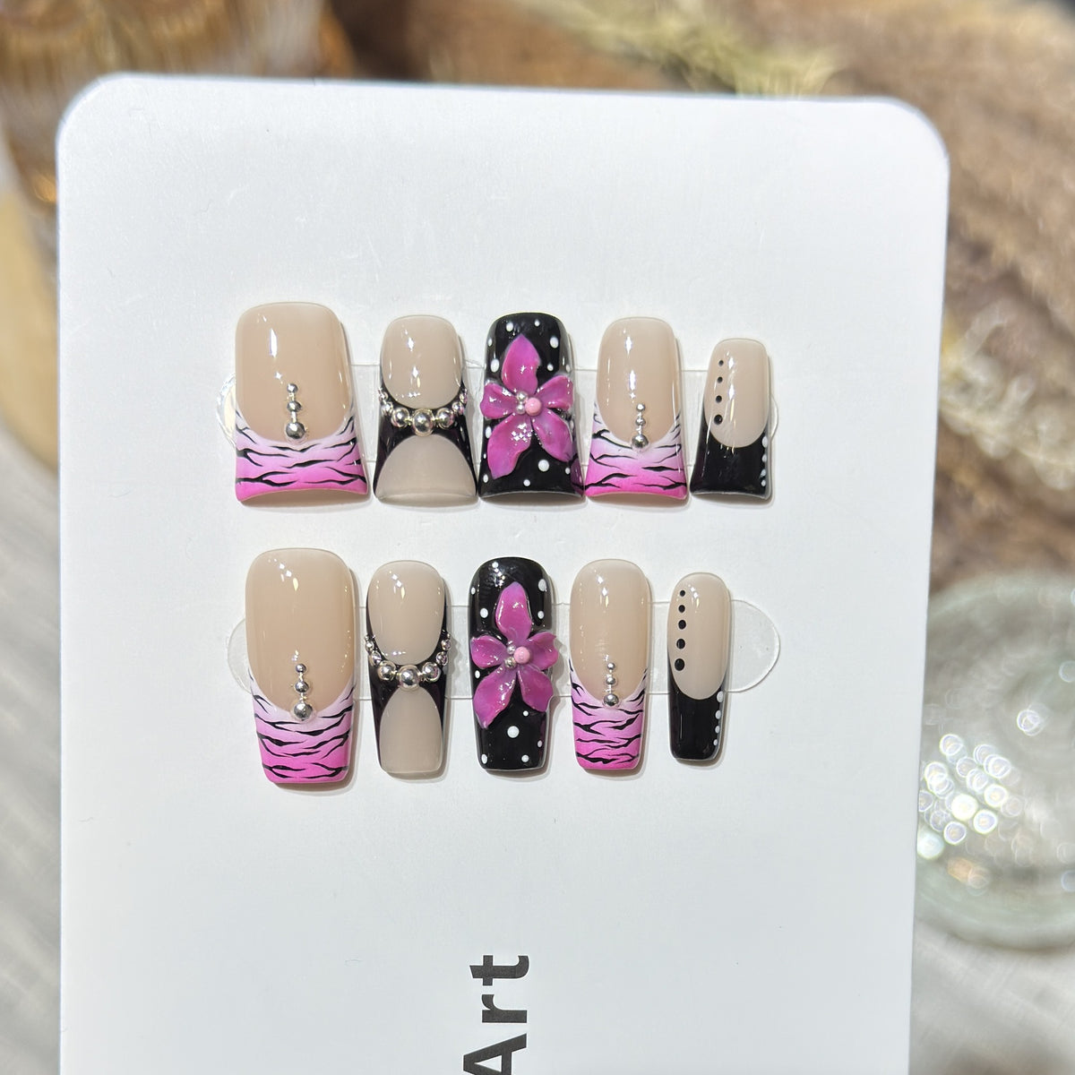Decorative Press-On Nail Set with Floral and Striped Design Acalora