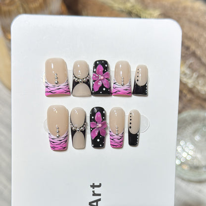 Decorative Press-On Nail Set with Floral and Striped Design Acalora