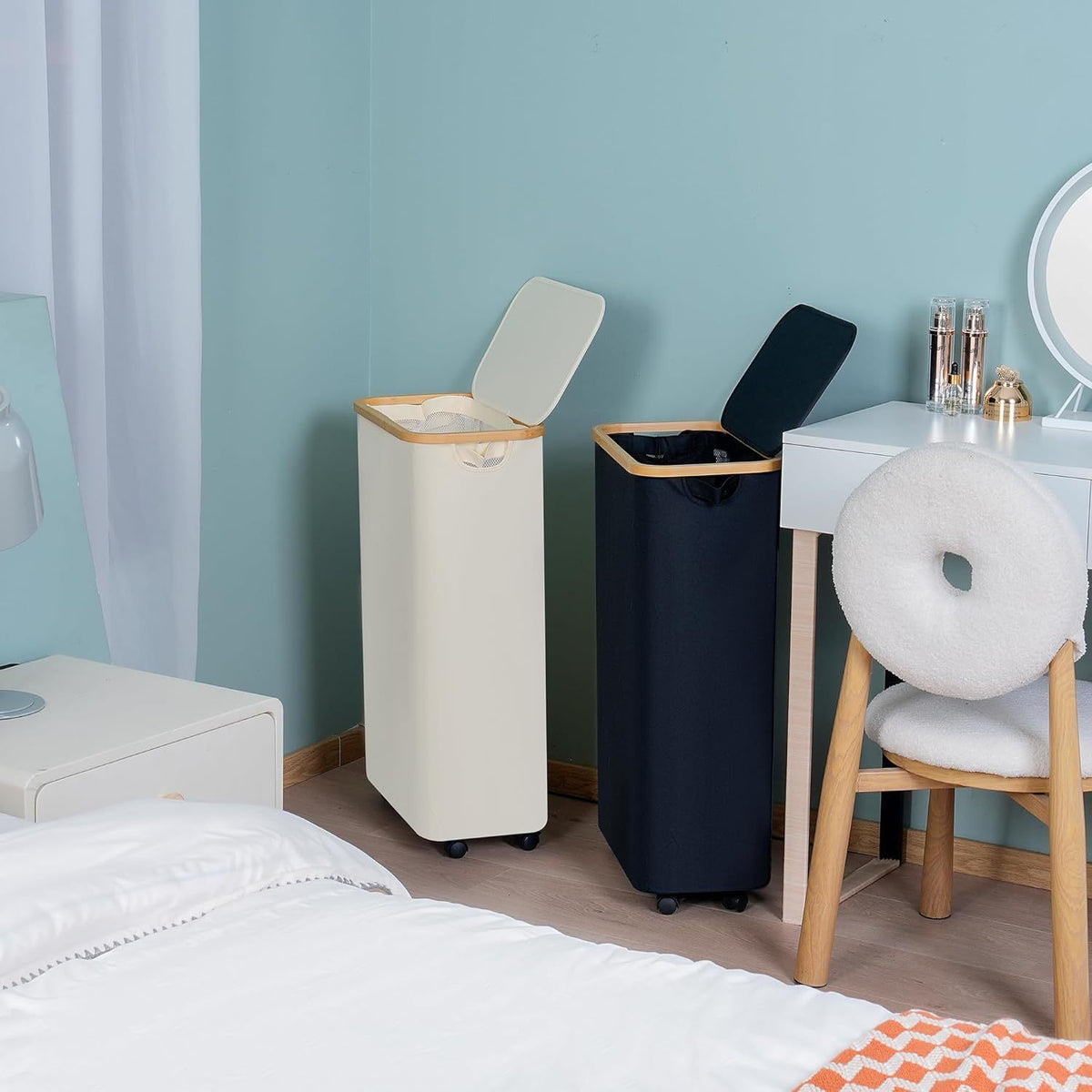 High-quality laundry container with bamboo lid and practical carrying handle Acalora